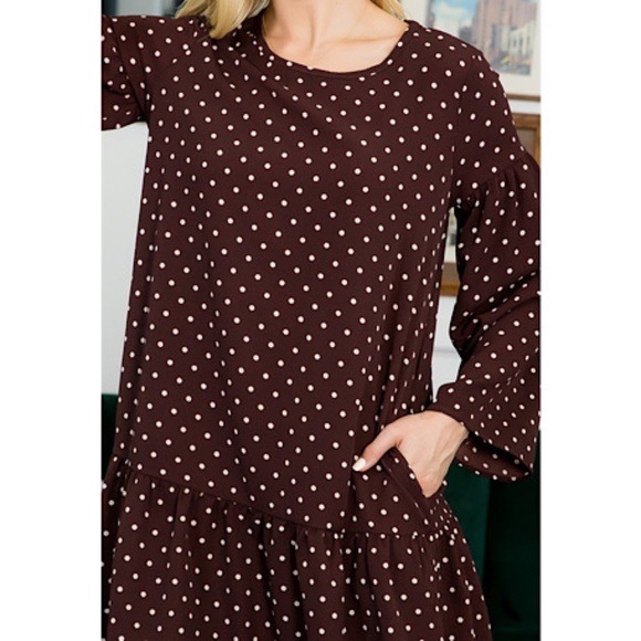 NWOT Women's Brown White Polkadots Long Flare Sleeves Mini dress with Pockets - Picture 6 of 8